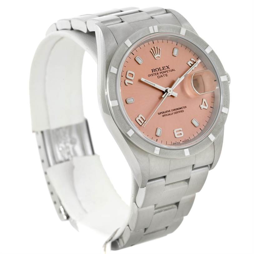 The image shows a Rolex Date 15210 Men's Stainless Steel Pink Dial 15210 Men's Stainless Steel Pink Dial model watch at a three-quarter angle, highlighting the dial, bracelet, and side crown.