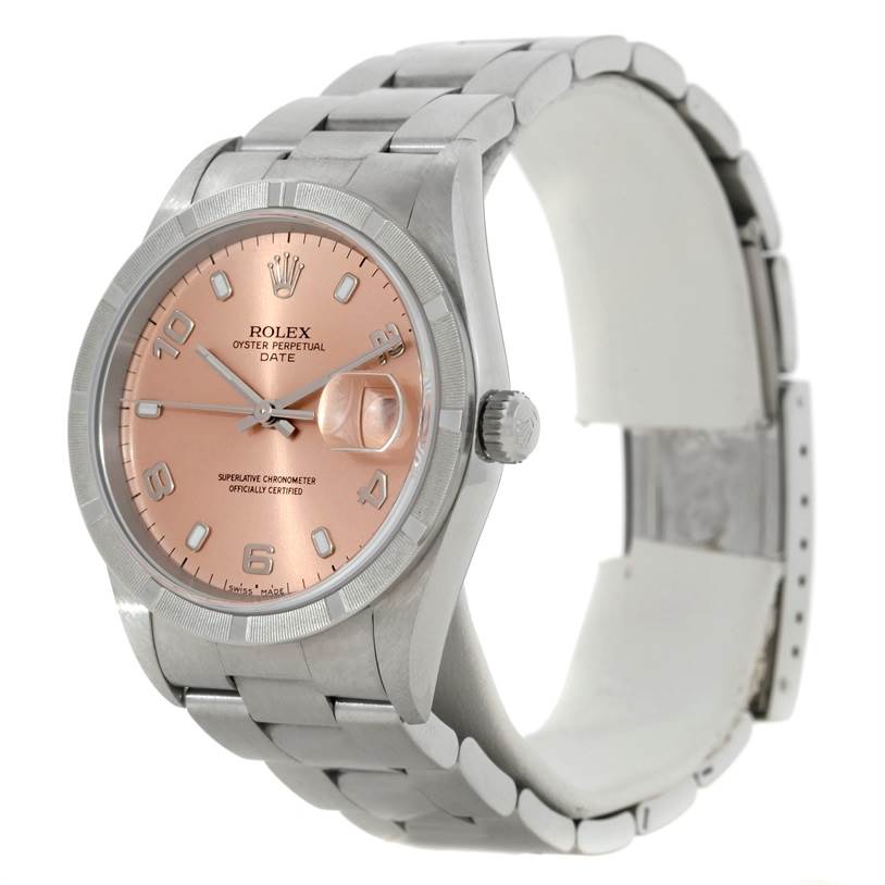 The image shows a Rolex Date 15210 Men's Stainless Steel Pink Dial 15210 Men's Stainless Steel Pink Dial model watch at a slight angle, displaying the face, bracelet, and clasp.