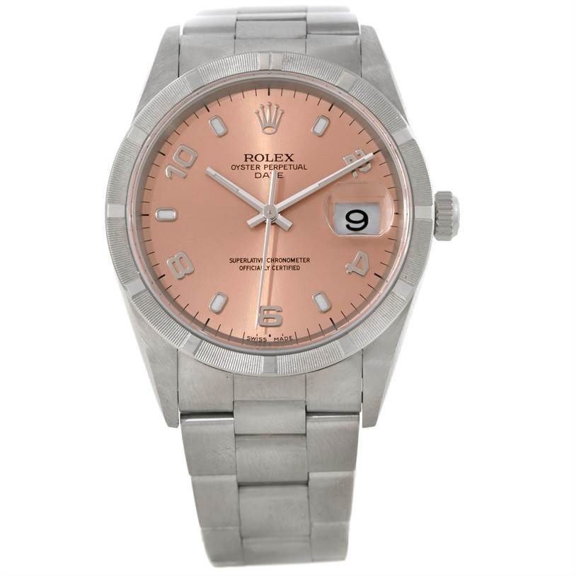 This is a front view of a Rolex Date 15210 Men's Stainless Steel Pink Dial 15210 Men's Stainless Steel Pink Dial model watch, showcasing its dial, case, bezel, and bracelet.
