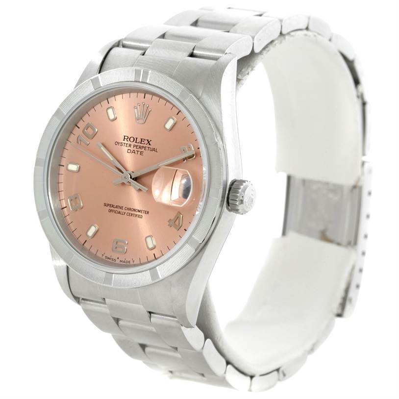 The image shows a Rolex Date 15210 Men's Stainless Steel Pink Dial 15210 Men's Stainless Steel Pink Dial model watch angled to display its face, side, and partially open metallic bracelet.