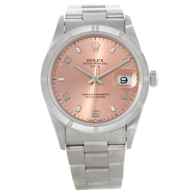 This image shows a front view of a Rolex Date 15210 Men's Stainless Steel Pink Dial 15210 Men's Stainless Steel Pink Dial watch, displaying the dial, bezel, crown, and bracelet.