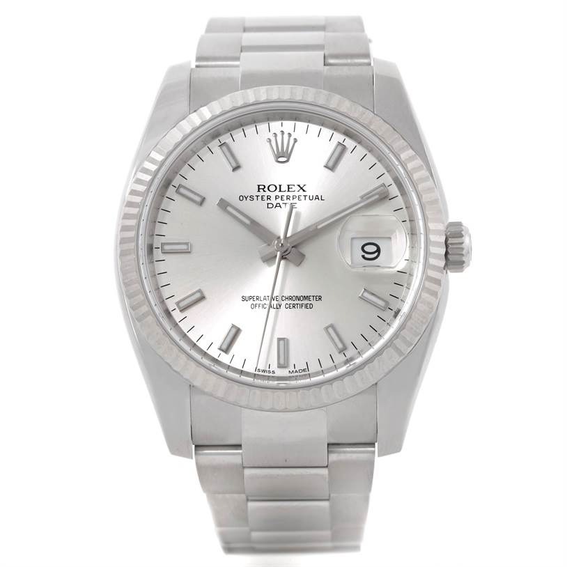 This is a front view of a Rolex Oyster Perpetual Date model, showing the dial, fluted bezel, crown, and stainless steel bracelet.