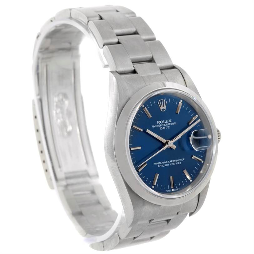 This image shows a Rolex Date 15200 Men's Stainless Steel Blue Dial 15200 Men's Stainless Steel Blue Dial model watch at a three-quarter angle, highlighting the bracelet, dial, and case.