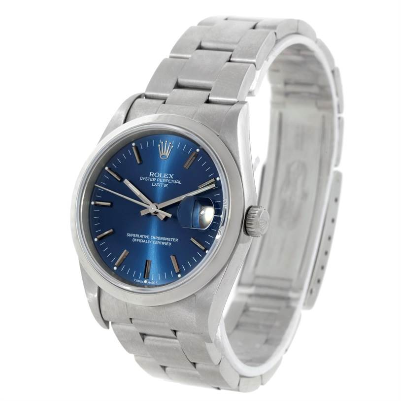 The image shows a Rolex Date 15200 Men's Stainless Steel Blue Dial 15200 Men's Stainless Steel Blue Dial model watch from a front angle, highlighting its blue dial, bracelet, and case.