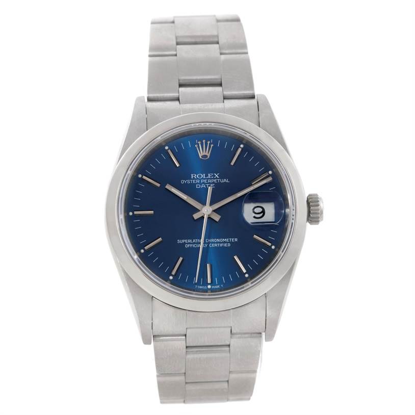 This is a front view of a Rolex Date 15200 Men's Stainless Steel Blue Dial 15200 Men's Stainless Steel Blue Dial model watch, showing its dial, date window, crown, and bracelet.