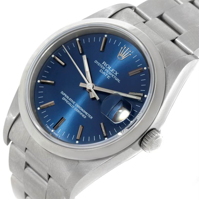 This image shows an angled view of a Rolex Date 15200 Men's Stainless Steel Blue Dial 15200 Men's Stainless Steel Blue Dial watch, highlighting the blue dial, hour markers, hands, and bracelet.