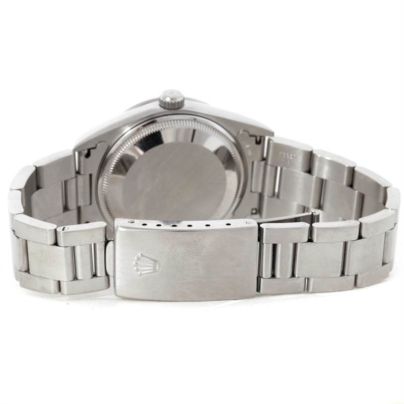 This image shows the back view of the Rolex Date 15200 Men's Stainless Steel Blue Dial 15200 Men's Stainless Steel Blue Dial model, focusing on the case back and bracelet clasp.