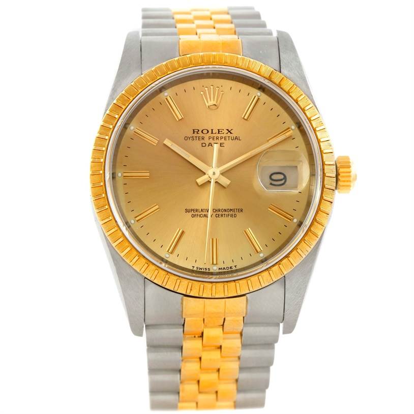 The Rolex Oyster Perpetual Date watch is shown from the front, displaying its gold dial, date window, and two-tone bracelet.