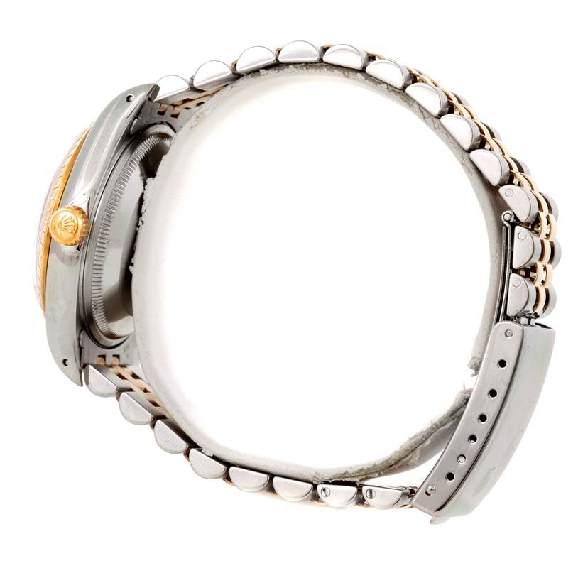 A side view of a Rolex Date 15223 Men's Steel and Gold (two tone) Champagne Dial 15223 Men's Steel and Gold (two tone) Champagne Dial model showcasing the crown and bracelet.