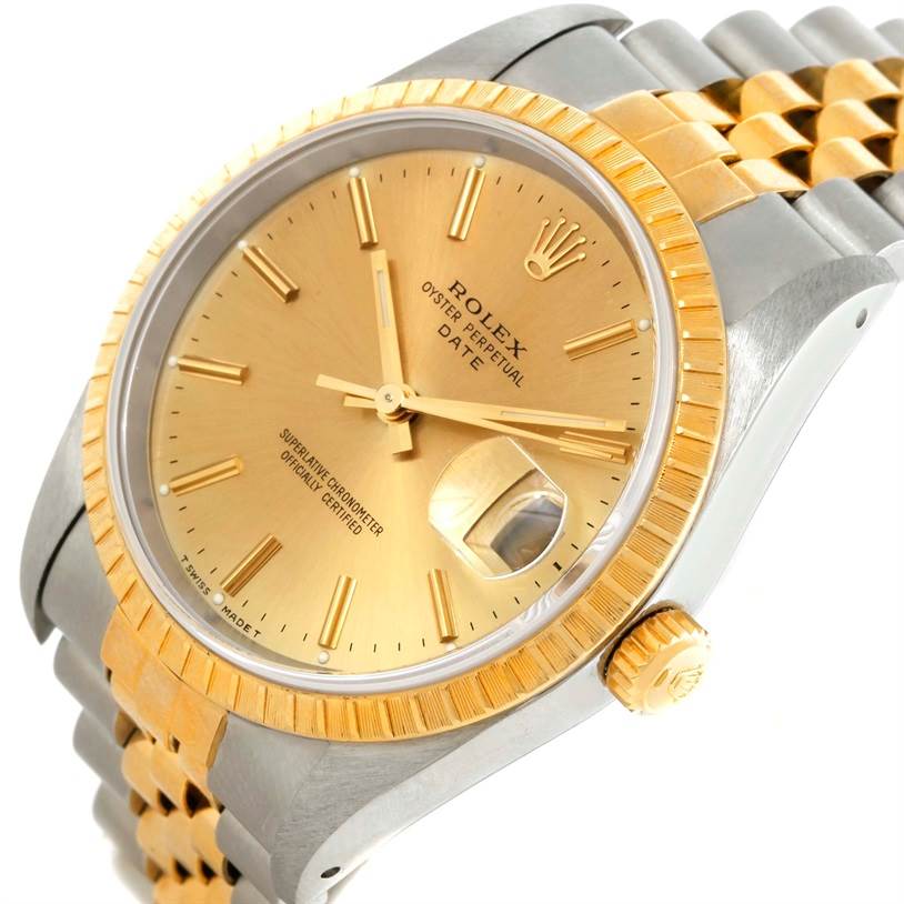 The image shows a close-up angled view of the Rolex Date 15223 Men's Steel and Gold (two tone) Champagne Dial 15223 Men's Steel and Gold (two tone) Champagne Dial watch, highlighting the dial, bezel, crown, and bracelet.