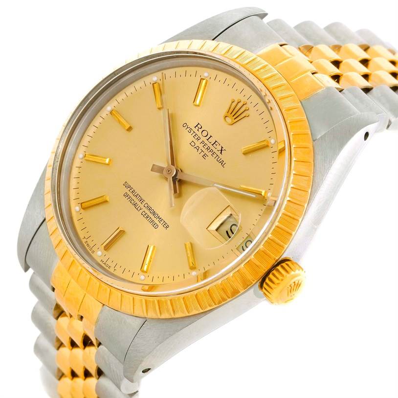 The image shows a Rolex Date 15053 Men's Stainless Steel Champagne Dial 15053 Men's Stainless Steel Champagne Dial model watch at an angled view, featuring the face, crown, and part of the bracelet.