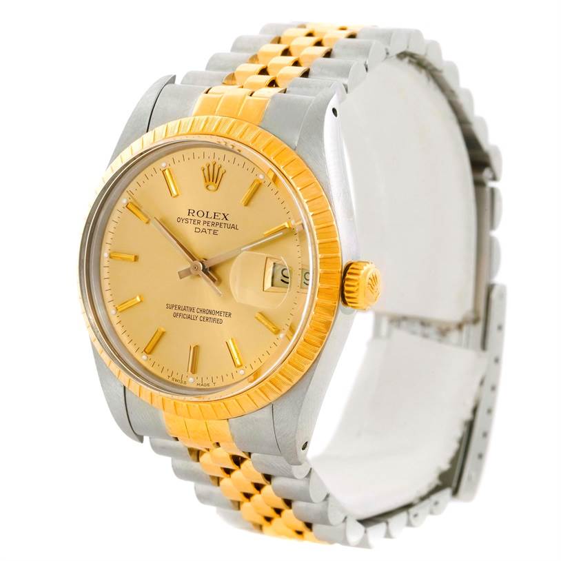 The image shows a Rolex Date 15053 Men's Stainless Steel Champagne Dial 15053 Men's Stainless Steel Champagne Dial model watch angled to display its dial, bezel, crown, and part of the bracelet.