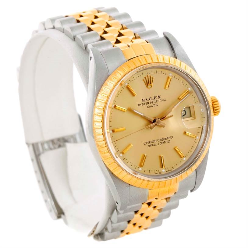 This image shows a Rolex Date 15053 Men's Stainless Steel Champagne Dial 15053 Men's Stainless Steel Champagne Dial model watch at a three-quarter angle, highlighting the dial, bezel, and two-tone metal bracelet.