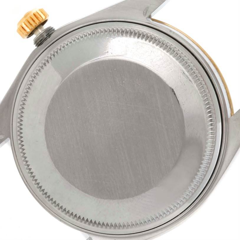 This image shows the case back and crown of a Rolex Date 15053 Men's Stainless Steel Blue Dial 15053 Men's Stainless Steel Blue Dial model watch from a top view.