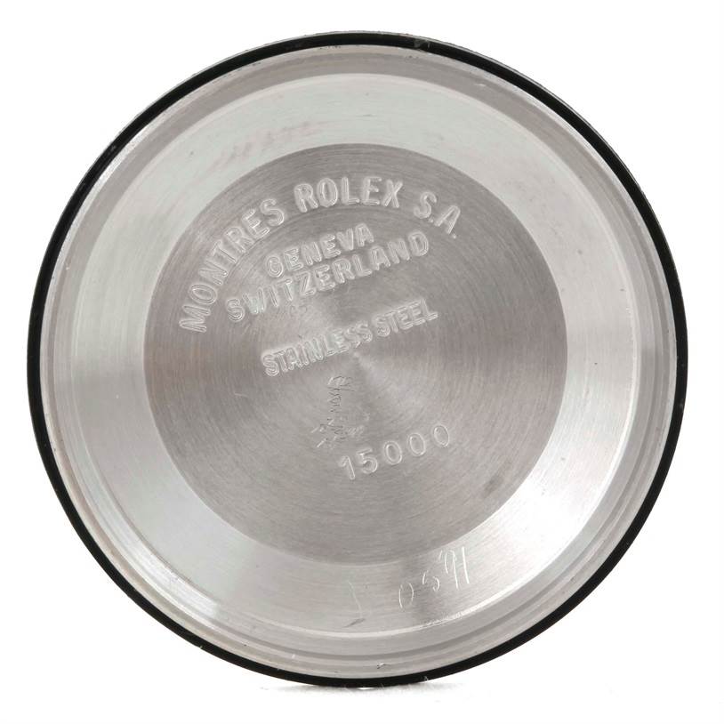 This image shows the interior case back of a Rolex Date 15053 Men's Stainless Steel Blue Dial 15053 Men's Stainless Steel Blue Dial model watch, with inscriptions indicating its origin and specifications.