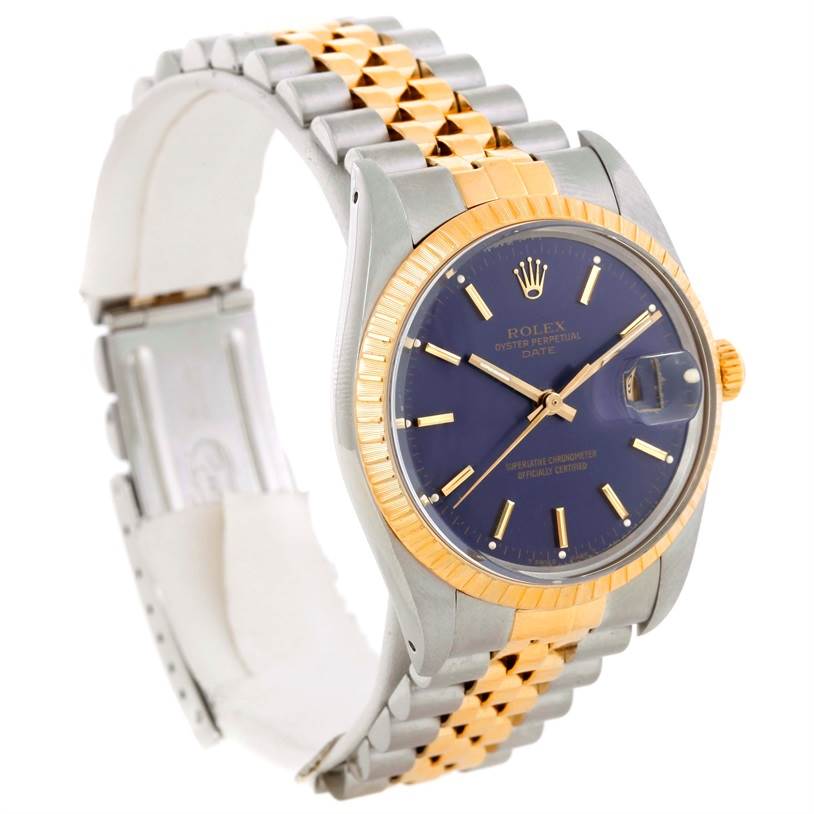 The image shows a Rolex Date 15053 Men's Stainless Steel Blue Dial 15053 Men's Stainless Steel Blue Dial model watch at a three-quarter angle, highlighting its bi-metal bracelet, blue dial, and fluted bezel.