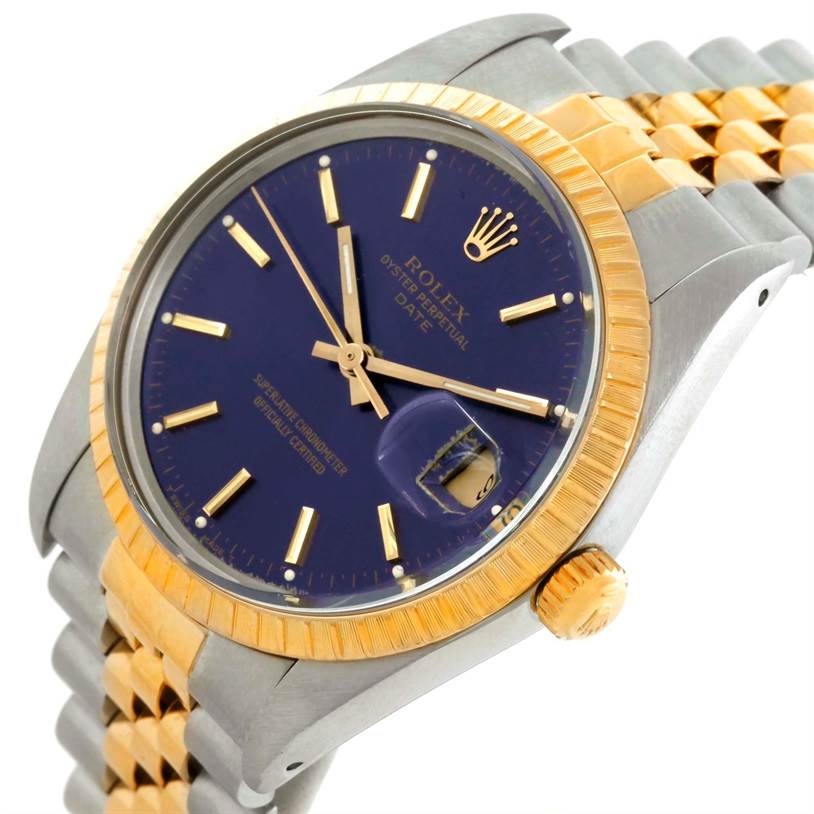 This image shows a close-up, angled view of a Rolex Date 15053 Men's Stainless Steel Blue Dial 15053 Men's Stainless Steel Blue Dial watch, highlighting the dial, bezel, crown, and part of the bracelet.