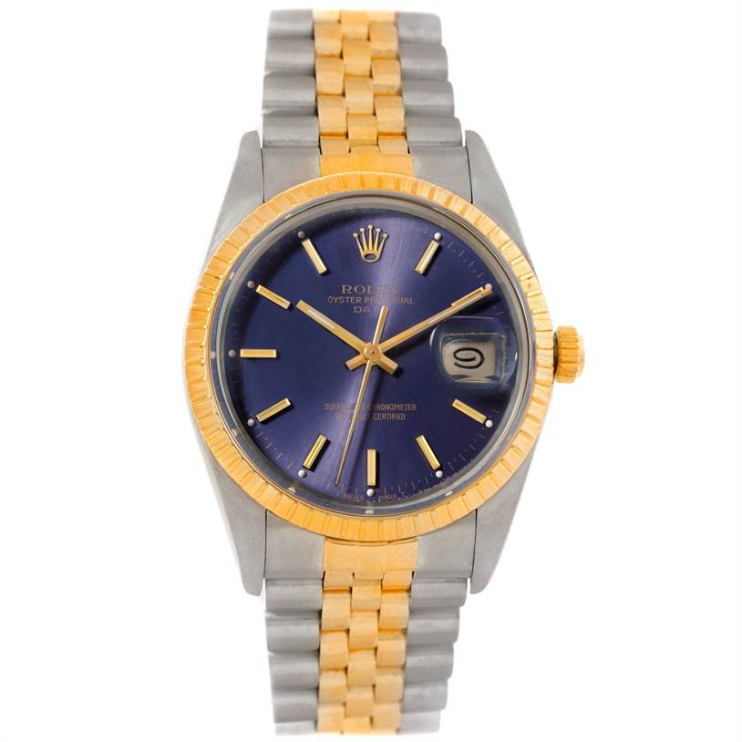 The image shows the front view of a Rolex Date 15053 Men's Stainless Steel Blue Dial 15053 Men's Stainless Steel Blue Dial model watch with a two-tone bracelet and a blue dial.