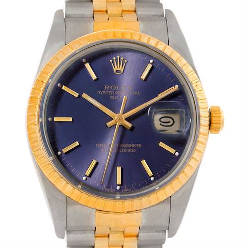 Photo of Rolex Date Mens Stainless Steel 18k Yellow Gold Blue Dial Watch 15053