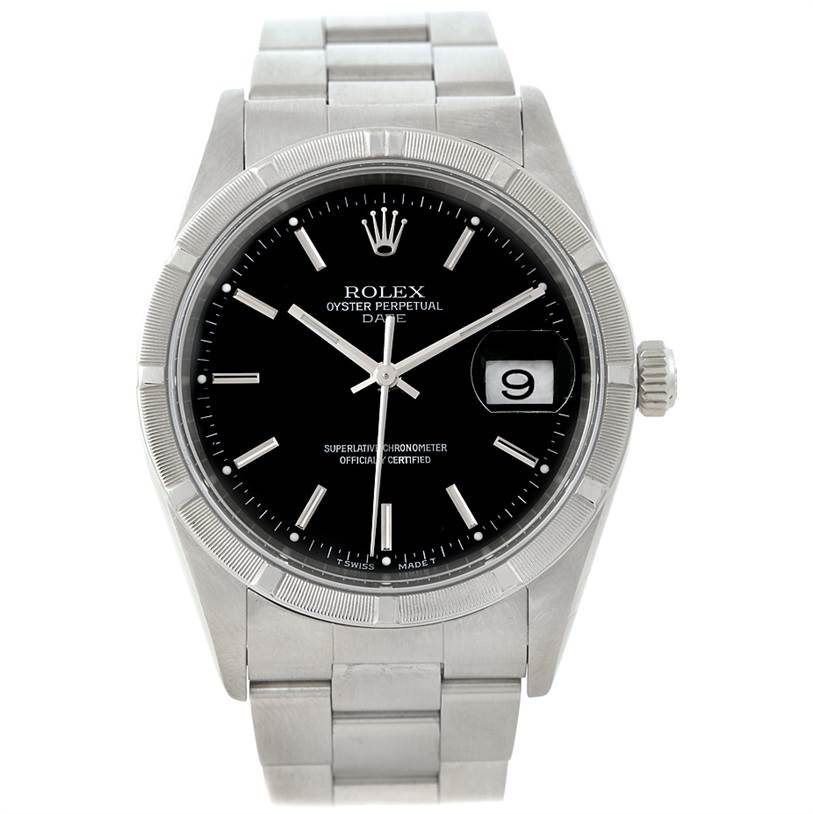 The Rolex Date 15210 Men's Stainless Steel Black Dial 15210 Men's Stainless Steel Black Dial model watch is shown from the front, displaying the dial, bezel, bracelet, and crown.