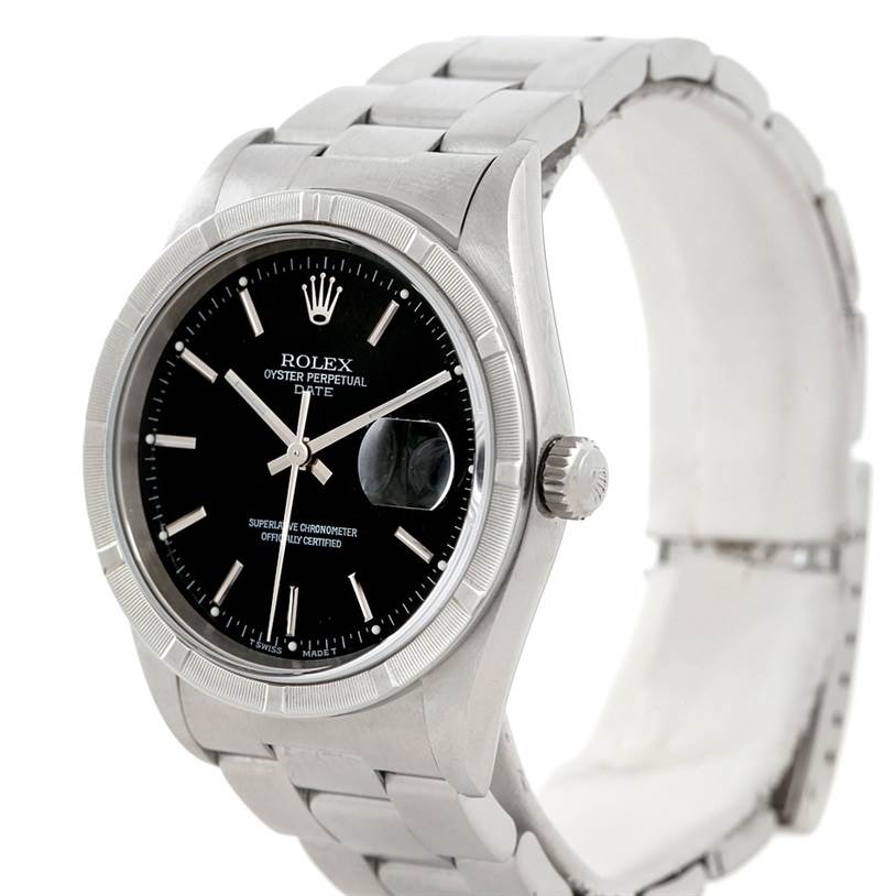 The image shows a Rolex Date 15210 Men's Stainless Steel Black Dial 15210 Men's Stainless Steel Black Dial model watch at a slight angle, highlighting the dial, bezel, crown, and part of the bracelet.