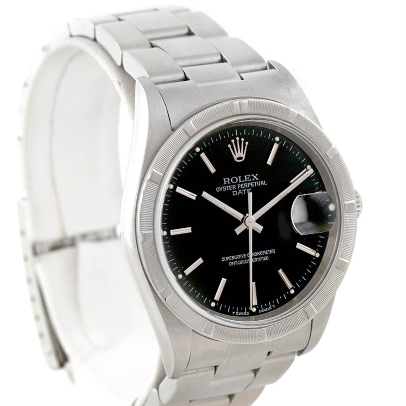 The image shows a Rolex Date 15210 Men's Stainless Steel Black Dial 15210 Men's Stainless Steel Black Dial model watch at a front-left angle, displaying the dial, hands, bracelet, and date magnifier.