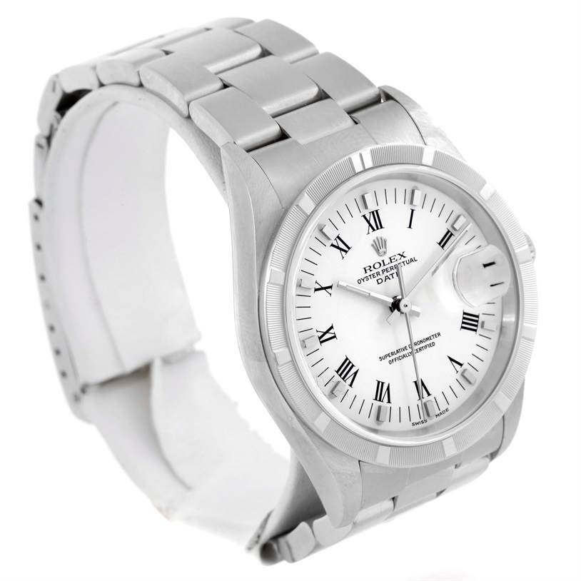 The image shows a Rolex Date 15210 Men's Stainless Steel White Dial 15210 Men's Stainless Steel White Dial model watch from a three-quarter angle, displaying the face, bezel, and a portion of the bracelet.