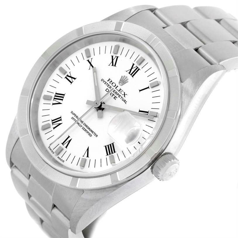 This image shows a slightly angled view of the Rolex Date 15210 Men's Stainless Steel White Dial 15210 Men's Stainless Steel White Dial model watch, highlighting the dial, bezel, and bracelet.