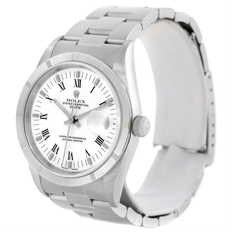 The image shows a front and side view of a Rolex Date 15210 Men's Stainless Steel White Dial 15210 Men's Stainless Steel White Dial model watch, highlighting its stainless steel case, bracelet, dial, and crown.