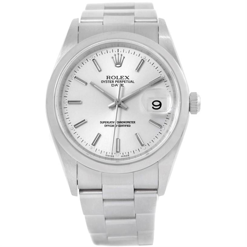 The image shows a front view of the Rolex Date 15200 Men's Stainless Steel Silver Dial 15200 Men's Stainless Steel Silver Dial model watch, displaying the dial, hands, date window, and part of the bracelet.
