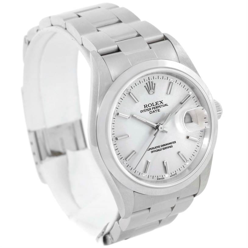 This image shows a Rolex Date 15200 Men's Stainless Steel Silver Dial 15200 Men's Stainless Steel Silver Dial model watch angled slightly to the left, highlighting its face, bezel, and bracelet.