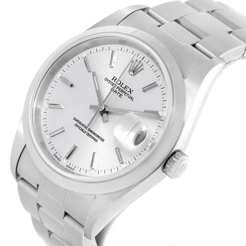 The image shows a close-up angled view of a Rolex Date 15200 Men's Stainless Steel Silver Dial 15200 Men's Stainless Steel Silver Dial model watch, displaying its dial, hour markers, hands, date window, crown, and part of the bracelet.