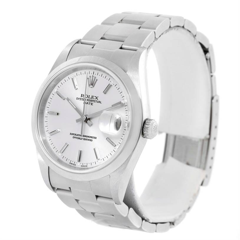 This image shows a Rolex Date 15200 Men's Stainless Steel Silver Dial 15200 Men's Stainless Steel Silver Dial model watch at a slight angle, highlighting the face, bracelet, bezel, and crown.