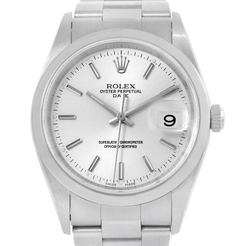 This image shows a front view of a Rolex Date 15200 Men's Stainless Steel Silver Dial 15200 Men's Stainless Steel Silver Dial model watch, highlighting the dial, hands, date window, and bracelet.