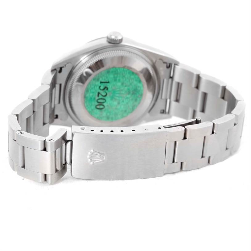 The image shows the back case and bracelet of a Rolex Date 15200 Men's Stainless Steel Silver Dial 15200 Men's Stainless Steel Silver Dial model watch.