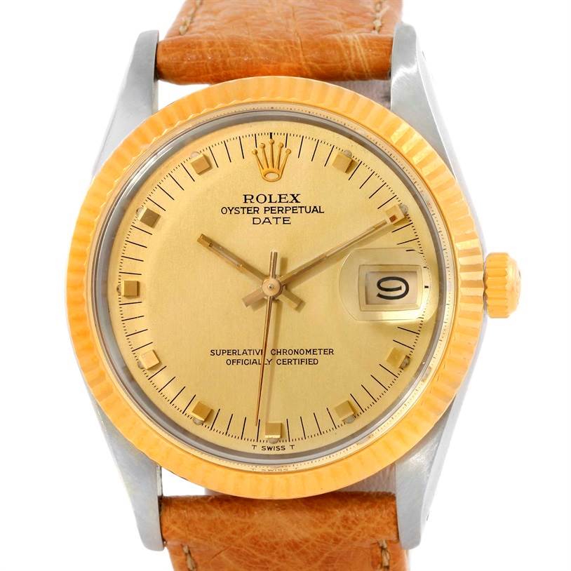 The image shows a front view of the Rolex Oyster Perpetual Date watch, highlighting its dial, bezel, crown, and leather strap.