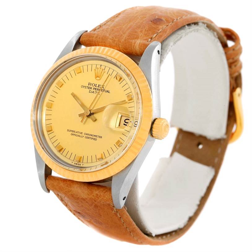 The Rolex Date 15053 Men's Stainless Steel Champagne Dial 15053 Men's Stainless Steel Champagne Dial model watch is shown at a front angle, featuring a golden dial, brown leather strap, and visible date window.