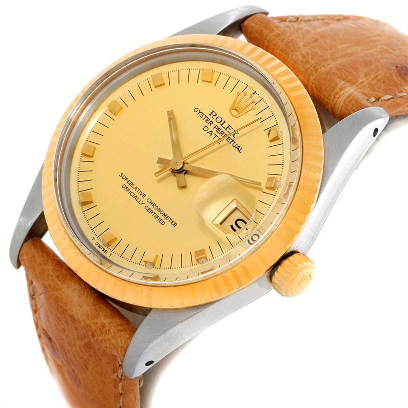 The image shows a close-up angled view of the dial, bezel, crown, and brown leather strap of a Rolex Date 15053 Men's Stainless Steel Champagne Dial 15053 Men's Stainless Steel Champagne Dial watch.