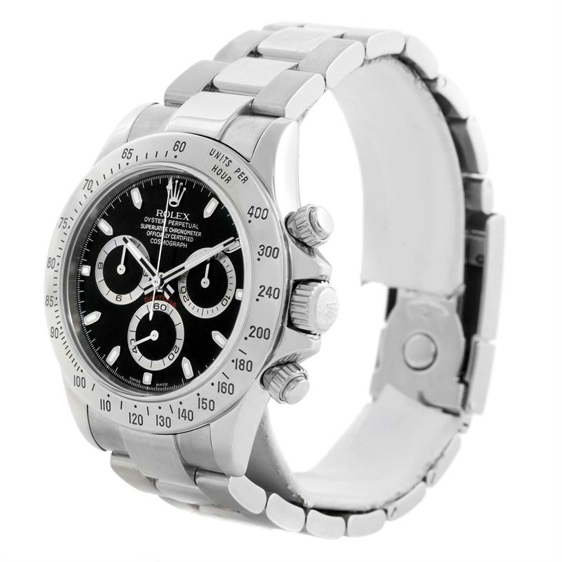 The image shows a side angle of a Rolex Daytona 116520 Men's Stainless Steel Black Dial 116520 Men's Stainless Steel Black Dial, highlighting its bezel, dial, crown, chronograph pushers, and bracelet.