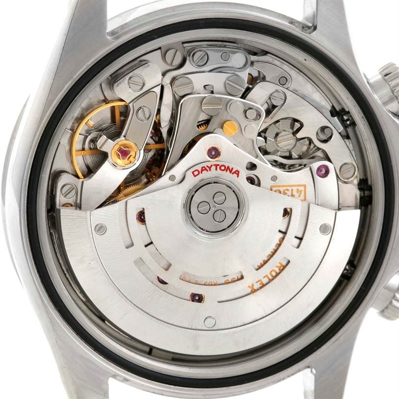 The image shows a close-up of the movement and inner mechanism of the Rolex Daytona 116520 Men's Stainless Steel Black Dial 116520 Men's Stainless Steel Black Dial watch from the back.