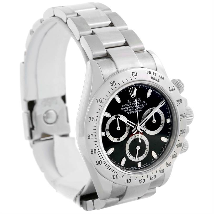 The image shows a Rolex Daytona 116520 Men's Stainless Steel Black Dial 116520 Men's Stainless Steel Black Dial watch at a front-left angle, highlighting the dial, bezel, and part of the bracelet.