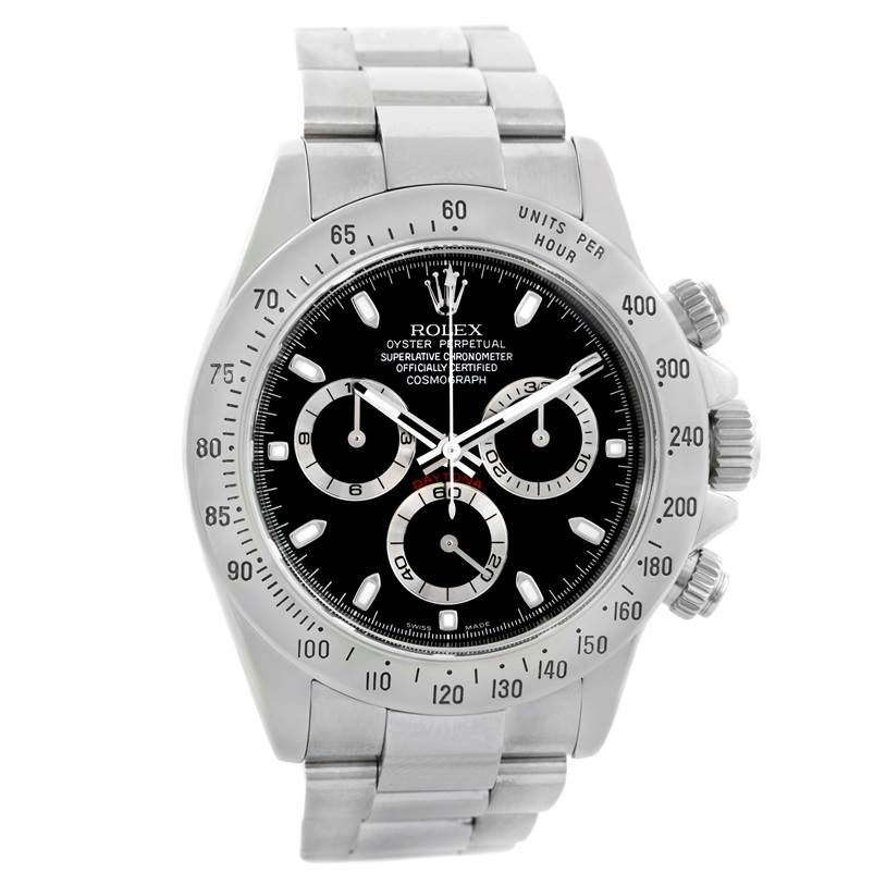 The image shows a front view of the Rolex Daytona 116520 Men's Stainless Steel Black Dial 116520 Men's Stainless Steel Black Dial, highlighting its face, bezel, and bracelet.