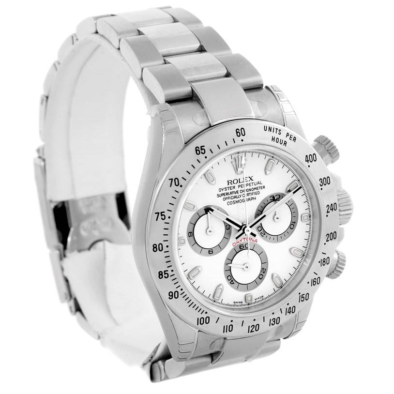 The image shows a Rolex Daytona 116520 Men's Stainless Steel White Dial 116520 Men's Stainless Steel White Dial watch at an oblique angle, highlighting the face, bezel, and bracelet.