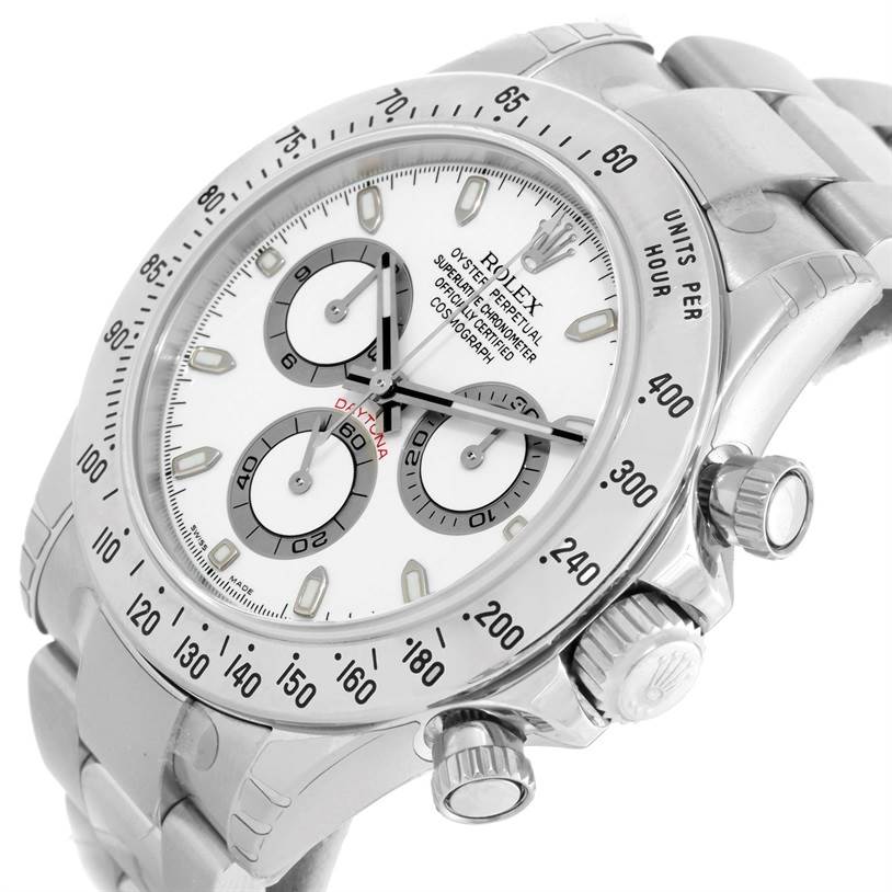 The image shows a close-up of the Rolex Daytona 116520 Men's Stainless Steel White Dial 116520 Men's Stainless Steel White Dial watch, focusing on the dial, bezel, and side pushers.