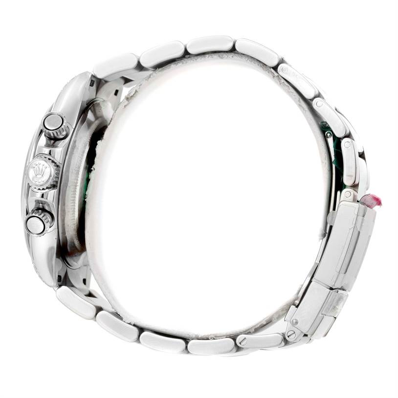 Side view of the Rolex Daytona 116520 Men's Stainless Steel White Dial 116520 Men's Stainless Steel White Dial watch, displaying the crown, pushers, and oyster bracelet.