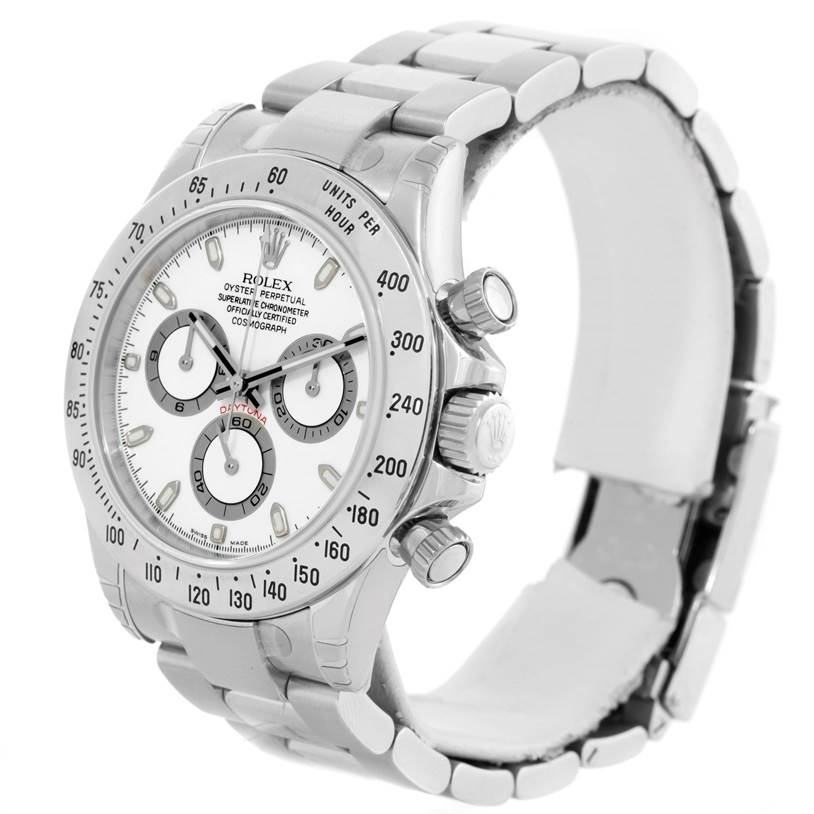 The image shows a side view of the Rolex Daytona 116520 Men's Stainless Steel White Dial 116520 Men's Stainless Steel White Dial watch, highlighting its bezel, dial, subdials, and bracelet.