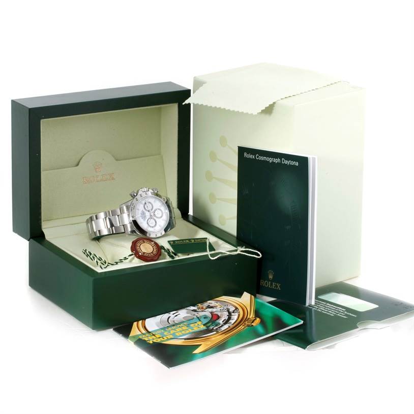 This image shows the Rolex Daytona 116520 Men's Stainless Steel White Dial 116520 Men's Stainless Steel White Dial watch in its box with accompanying accessories and documentation.