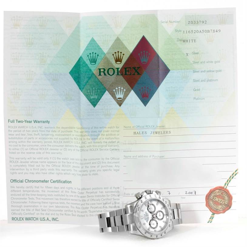 The image shows a Rolex Daytona 116520 Men's Stainless Steel White Dial 116520 Men's Stainless Steel White Dial watch angled to the right front, along with its warranty paperwork and certification.