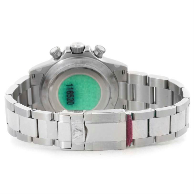 The image shows the back view of a Rolex Daytona 116520 Men's Stainless Steel White Dial 116520 Men's Stainless Steel White Dial watch, highlighting its bracelet and clasp.