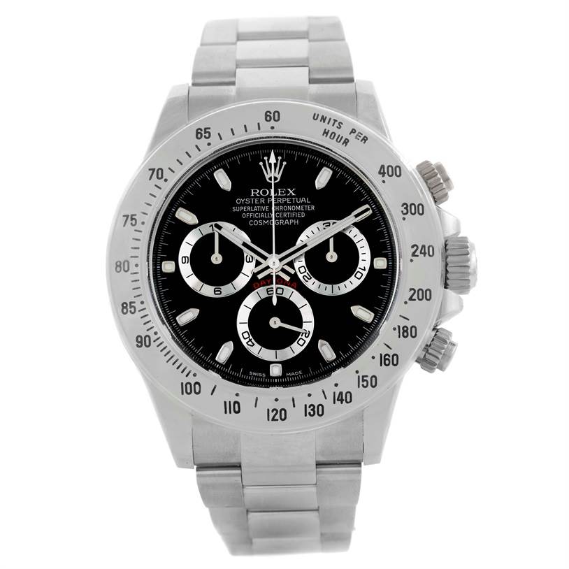 The image shows a frontal view of a Rolex Daytona 116520 Men's Stainless Steel Black Dial 116520 Men's Stainless Steel Black Dial watch, featuring its dial, bezel, and metal bracelet.